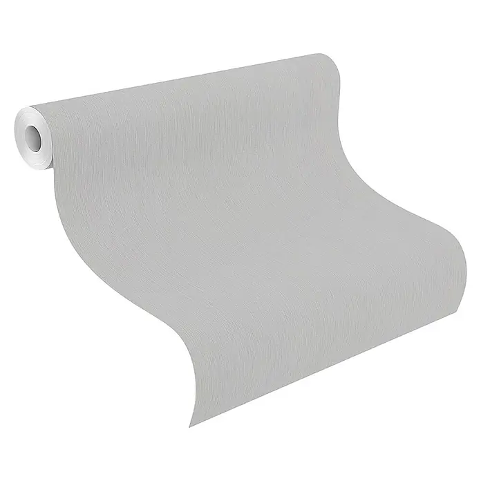 Rasch Selection Vliestapete Relief Längsstruktur - Grau, Uni, 10,05 x 0,53 m - Hellgraue Tapetenrolle mit feiner vertikaler Textur.