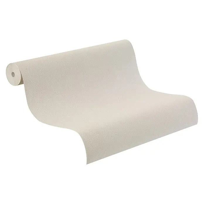Rasch Beachhouse Vliestapete Modern - Graubeige, Uni, 10,05 x 0,53 m - Hellbeigefarbene strukturierte Tapetenrolle, entrollt sich von links.
