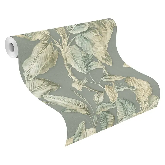Rasch Back To Nature Vliestapete Blätter - Grun-Beige, Floral, 10,05 x 0,53 m - Tapetenrolle mit graugrünem Hintergrund und hellen tropischen Blattmustern.
