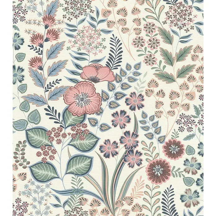 Rasch Selection Vliestapete Vinyl - Pastell/Hellrosa, Floral, 10,05 x 0,53 m - Elegantes florales Design mit zarten rosa und blauen Blumen auf einem cremefarbenen Hintergrund. Dekoratives Blumenmuster für stilvolle Akzente.