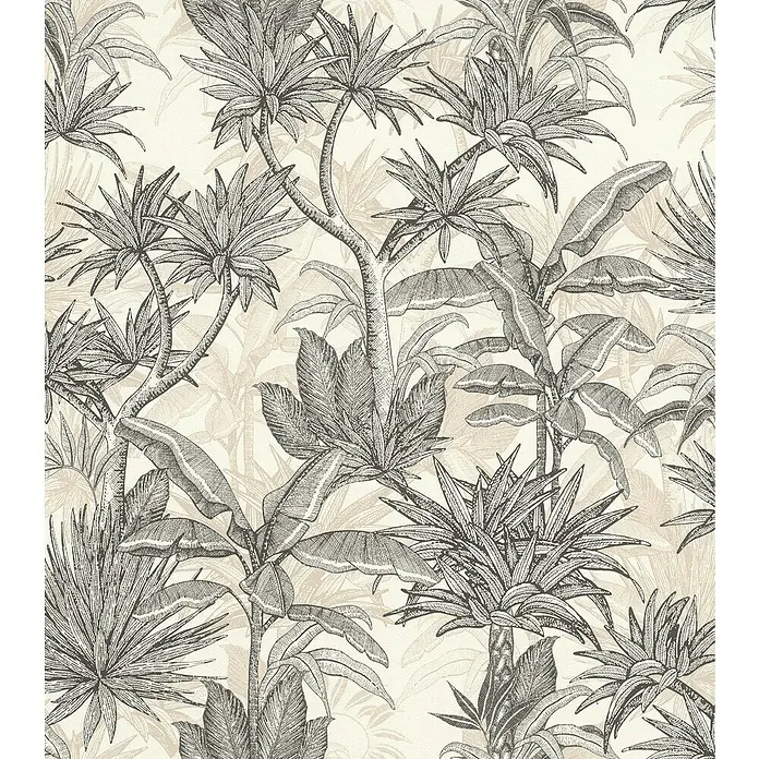 Rasch Selection Vliestapete Vinyl Botanical - Schwarz/Weiß, Floral, 10,05 x 0,53 m - Detailliertes Tapetenmuster mit tropischen Pflanzen und Palmen in Grautönen, ideal für eine stilvolle Wandgestaltung.