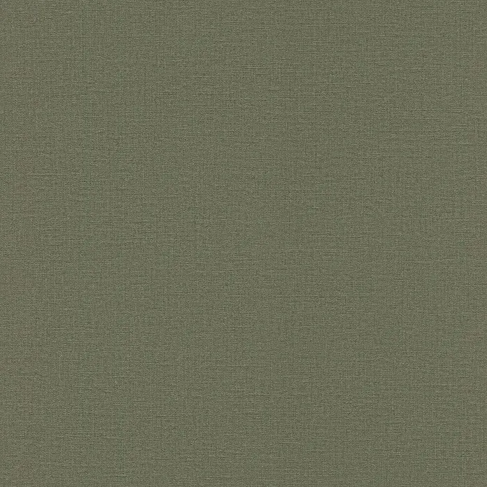 Rasch Vliestapete Lirico - Kakigrün, Uni, 10,05 x 0,53 m - Nahaufnahme einer gewebten olivgrünen Stofftextur, Leinen oder Canvas ähnelnd, mit feiner horizontaler Maserung.
