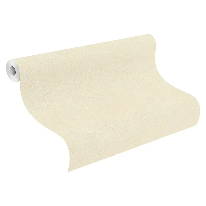 Rasch Beachhouse Vliestapete - Beige, Uni, 10,05 x 0,53 m - Rolle hellbeiger strukturierter Tapete, teilweise abgerollt.