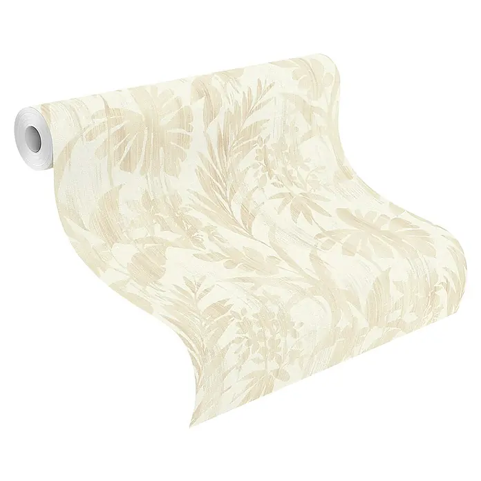 Rasch Beachhouse Vliestapete Pastelles Pflanzenmotiv - Beige, Floral, 10,05 x 0,53 m - Rolle hellbeiger Tapete mit dezentem Pflanzenmuster, teilweise abgerollt.