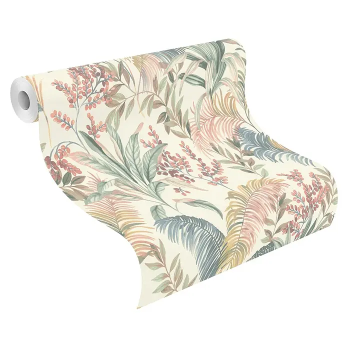 Rasch Florentine IV Vliestapete Pflanzen-Allover - Creme, Floral, 10,05 x 0,53 m - Tapetenrolle mit tropischem Blatt- und Beerenmuster in sanftem Rosa, Grün, Blau und Braun auf cremeweißem Untergrund.
