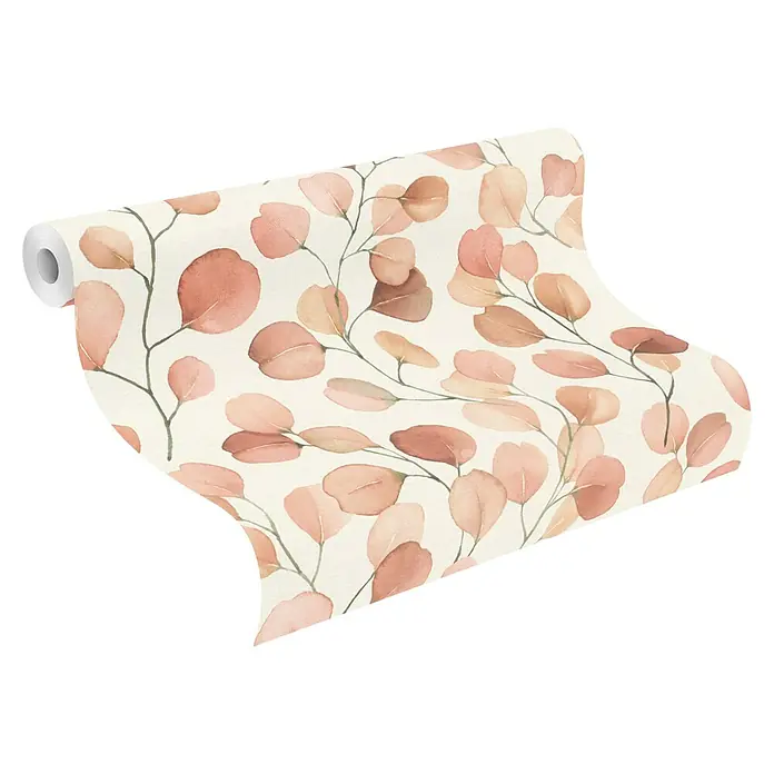 Rasch Selection Vliestapete Vinyl Blattzweige - Pastell-Rotbraun, Floral, 10,05 x 0,53 m - Rolle Aquarell-Eukalyptusblatt-Tapete in Rosa- und Pfirsichtönen auf Cremegrund.
