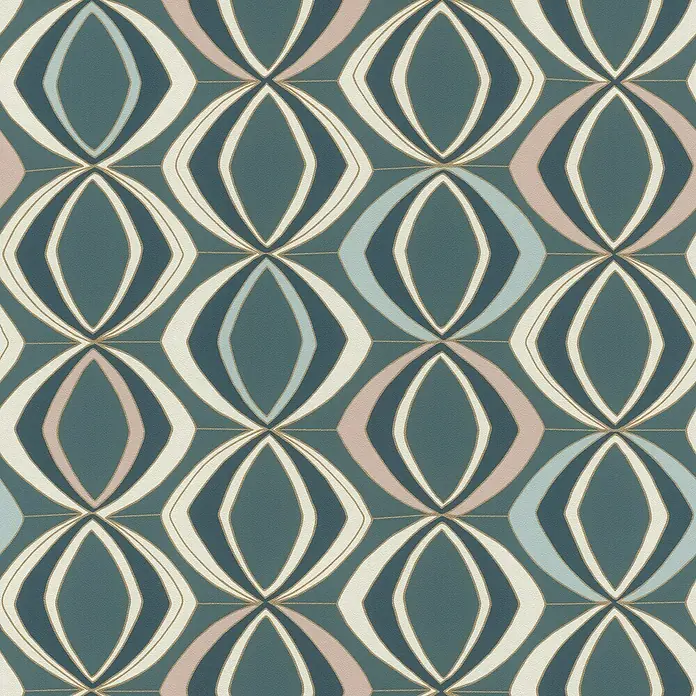 Rasch Selection Vliestapete Vinyl - Blaugrün, Grafisch, 10,05 x 0,53 m - Geometrisches Muster mit ovalen Formen in Petrol, Dunkelblau, Hellblau, Rosa und Cremeweiß, mit Goldlinien. Strukturierte Oberfläche.