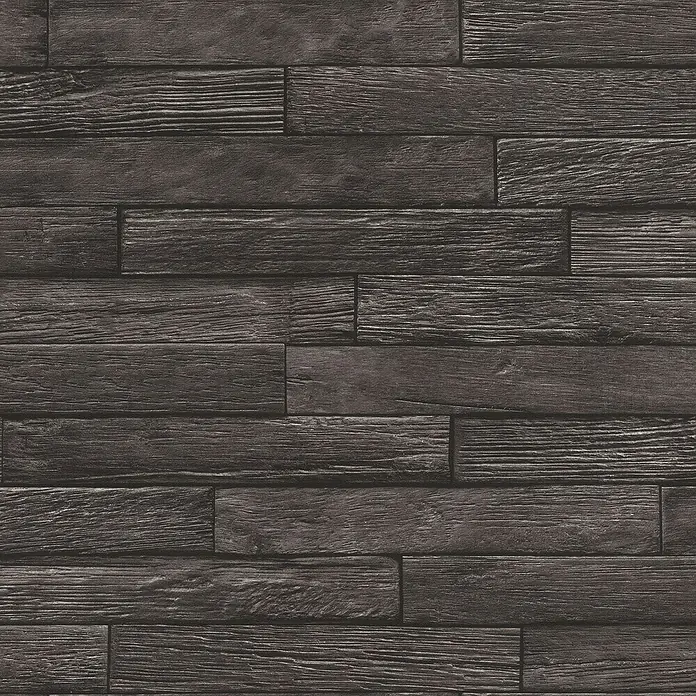Rasch Selection Vliestapete Vinyl - Anthrazit, Steinoptik, 10,05 x 0,53 m - Dunkle, gealterte Holzplanken in einem versetzten Muster, ideal für Bodenbelag oder Wandverkleidung.
