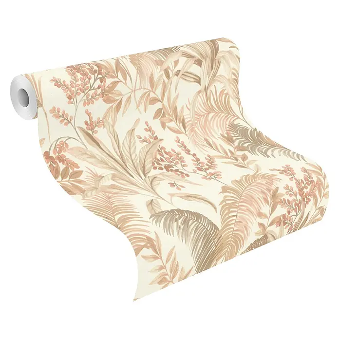 Rasch Florentine IV Vliestapete Pflanzen-Allover - Beige, Floral, 10,05 x 0,53 m - Rolle Tapete mit dezentem beigem Hintergrund und tropischem Blatt- und Beerenmuster in Braun- und Pfirsichtönen.