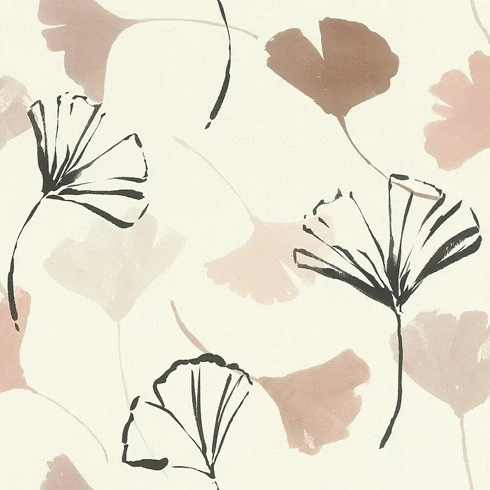 Rasch Selection Vliestapete Vinyl Modernes Blattmotiv - Weißbraun, Floral, 10,05 x 0,53 m - Nahtloses Ginkgo-Muster: gedämpfte Braun-, Rosa-Aquarellfarben und schwarze Tuschekonturen auf hellem, texturiertem Grund.