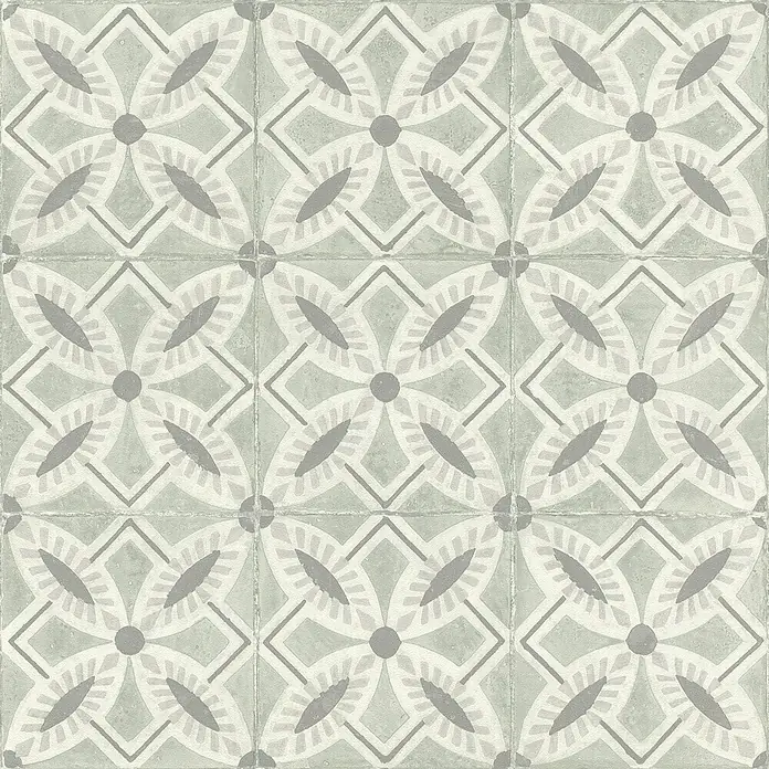 Rasch Beachhouse Vliestapete Fliesenkacheln - Graugrün, Fliesenoptik, 10,05 x 0,53 m - Matte salbeigrüne und cremefarbene Fliesen mit wiederholtem floral-geometrischem Muster.