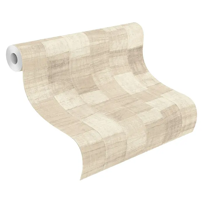 Rasch Back To Nature Vliestapete Holzwand - Beige, Holzoptik, 10,05 x 0,53 m - Teilweise abgerollte Rolle hellbeiger Tapete mit Holzoptik-Patchworkmuster.
