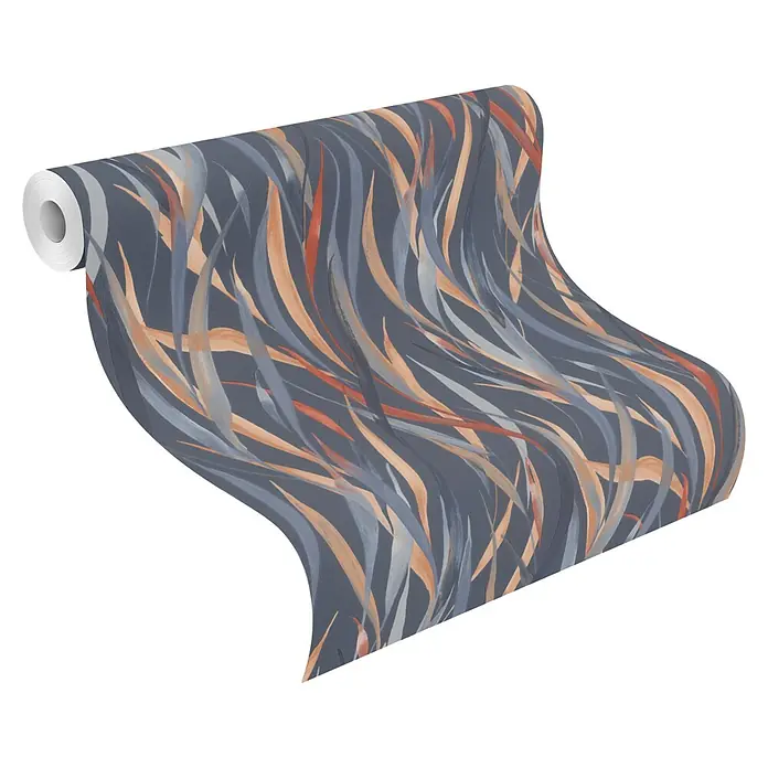 Rasch Paraiso Vliestapete Gräser - Petrolblau, Floral, 10,05 x 0,53 m - Tapetenrolle mit abstraktem Wellenmuster in Orange, Pfirsich und Grau/Blau auf dunklem Hintergrund.