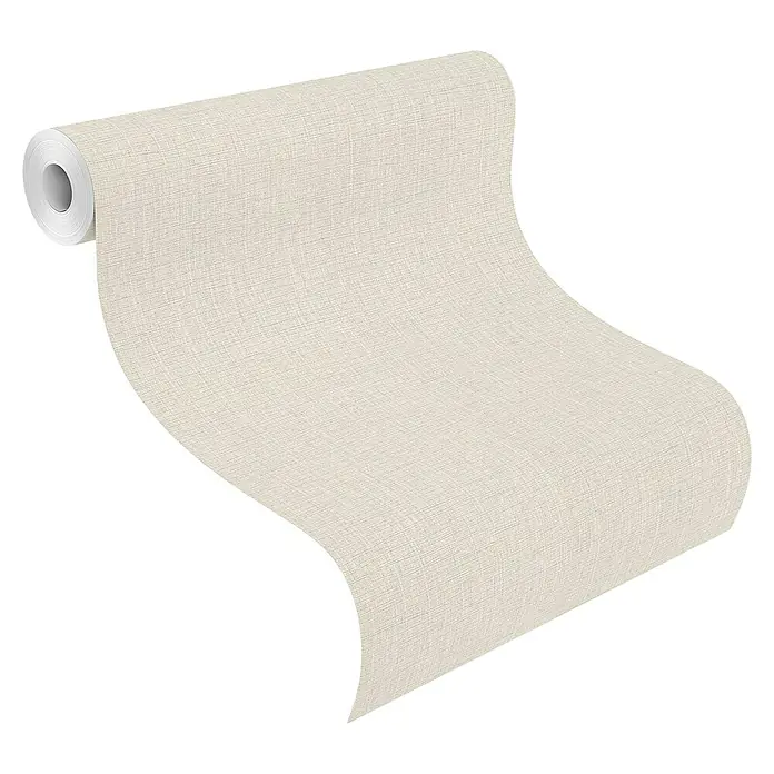 Rasch Selection Vliestapete Vinyl - Cremegrau, Uni, 10,05 x 0,53 m - Hellbeiger, texturierter Tapetenrolle entrollt sich.
