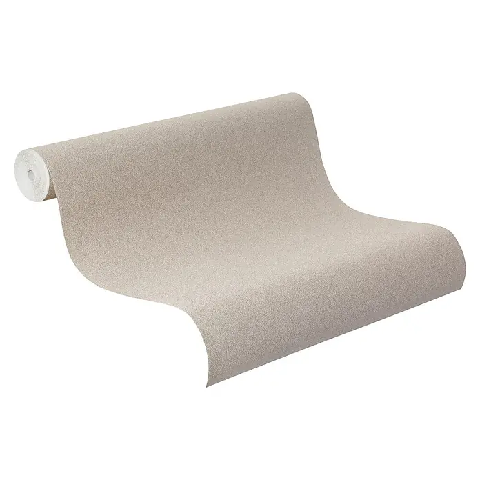 Rasch Beachhouse Vliestapete Modern - Braun, Uni, 10,05 x 0,53 m - Teilweise abgerollte, hellbeige strukturierte Tapetenrolle.