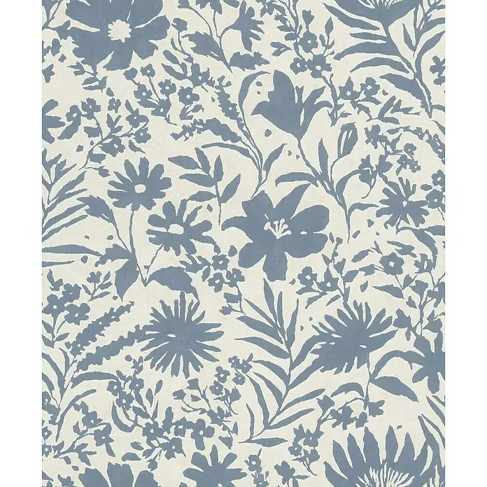 Rasch Paraiso Vliestapete Blumen - Weiß/Blau, Floral, 10,05 x 0,53 m - Blauer Blumendruck auf Stoff. Ein schönes florales Muster für Textilien und Wohnkultur, das jedem Raum eine ruhige und elegante Note verleiht.