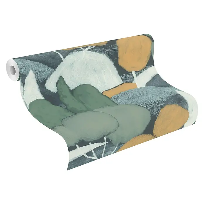 Rasch Selection Vliestapete Vinyl Botanical - Moosgrün/Ocker, Floral, 10,05 x 0,53 m - Tapetenrolle mit abstraktem Naturmuster in Grün, Weiß, Grau und Orange.