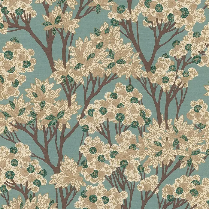 Rasch Selection Vliestapete Vinyl Modern Art I - Türkis, Floral, 10,05 x 0,53 m - Stilisiertes Baum-Muster für Tapete oder Stoff, braunen Ästen und Blättern in Beige, Off-White, Grün und Goldakzenten.