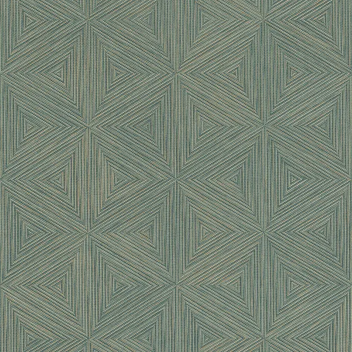 Rasch Back To Nature Vliestapete Dreieckintarsie - Grünbeige, Grafisch, 10,05 x 0,53 m - Strukturierter Stoff mit geometrischem Muster aus Dreiecken und Rauten in Blaugrün-, Grau- und Beigefarben.