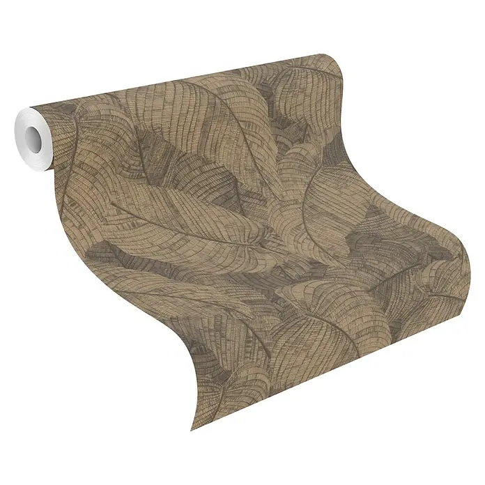 Rasch Amara Vliestapete Blätter - Kupferschwarz, Floral, 10,05 x 0,53 m - Braune Tapetenrolle mit Blattmuster, teilweise abgerollt.