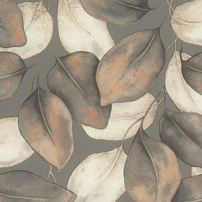 Rasch Incanto Vliestapete Moderne Blätter - Bronze/Beigegrau, Floral, 10,05 x 0,53 m - Nahaufnahme eines stilvollen Tapetenmusters mit braunen und beigen Blättern auf grauem Grund.