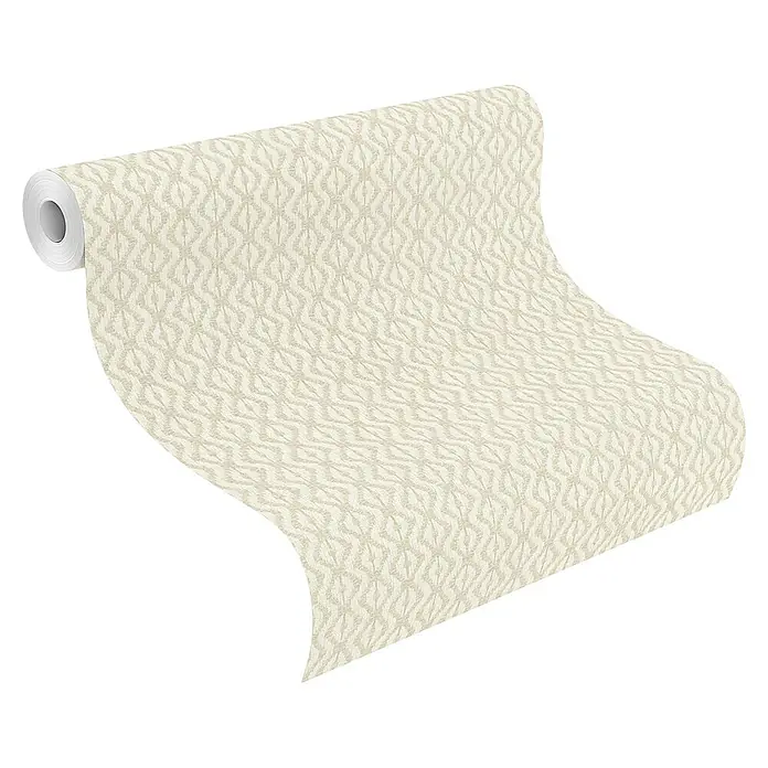 Rasch Beachhouse Vliestapete Allover-Design - Beige, Grafisch, 10,05 x 0,53 m - Beige gemusterte Tapetenrolle mit abstraktem Muster, teilweise abgerollt.