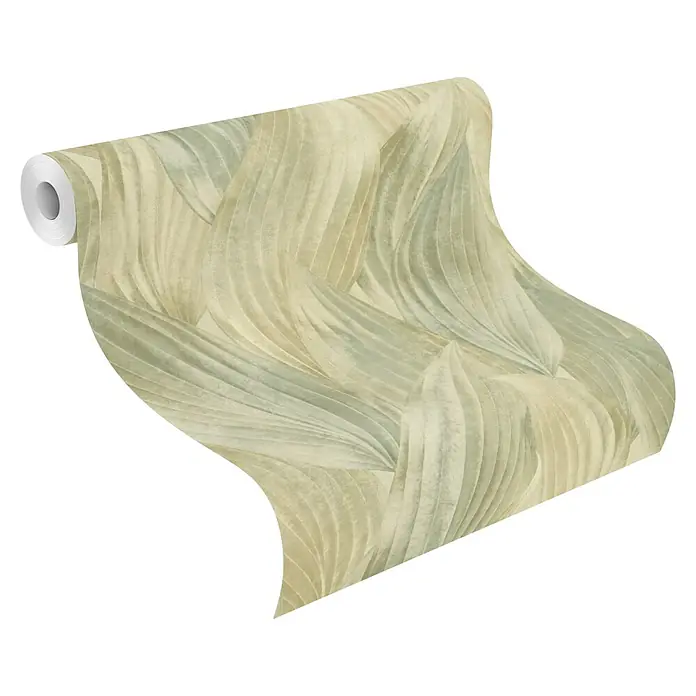 Rasch Back To Nature Vliestapete Blätterintarsie - Grün, Floral, 10,05 x 0,53 m - Tapetenrolle mit fließendem Blattmuster in gedeckten Grün- und Beigetönen.
