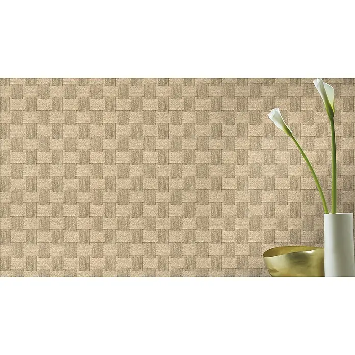 Rasch Selection Vliestapete Vinyl Botanical - Beige, Holzoptik, 10,05 x 0,53 m - Nahaufnahme eines Korbmuster-Tapetendesigns, das eine Textur und ein geflochtenes Aussehen für eine warme, einladende Atmosphäre bietet.