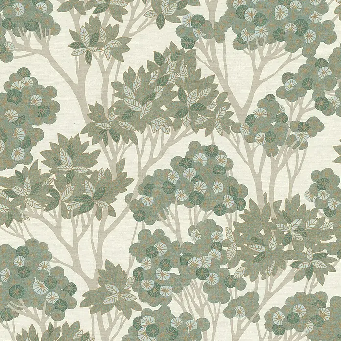 Rasch Selection Vliestapete Vinyl Modern Art I - Moosgrün, Floral, 10,05 x 0,53 m - Stilisiertes Baummuster mit Blättern und Blüten in Petrol und Hellblau, gold umrandet, auf strukturiertem Cremeweiß.