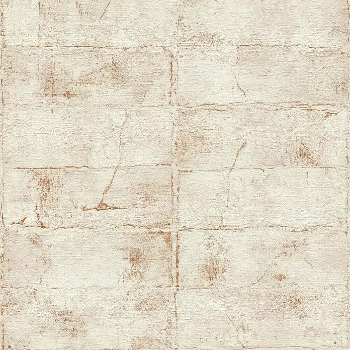 Rasch Selection Vliestapete Mauerwerk - Rotweiß, Steinoptik, 10,05 x 0,53 m - Strukturierte, hellbeige Wandverkleidung mit unregelmäßigem Rechteckmuster und rotbraunen Akzenten.