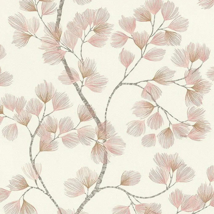 Rasch Selection Vliestapete Vinyl Botanical - Hellpink, Floral, 10,05 x 0,53 m - Tapete mit zartem Muster aus rosa und goldenen fächerförmigen Blättern auf verschlungenen Ästen.