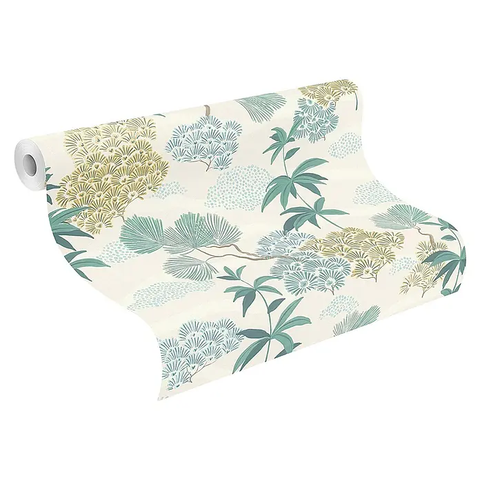 Rasch Selection Vliestapete Vinyl Botanical - Pastelltürkis/Goldbeige, Floral, 10,05 x 0,53 m - Tapetenrolle mit cremefarbenem Hintergrund und einem Muster aus stilisierten grünen, blauen und hellgelben japanischen Bäumen und Pflanzen.