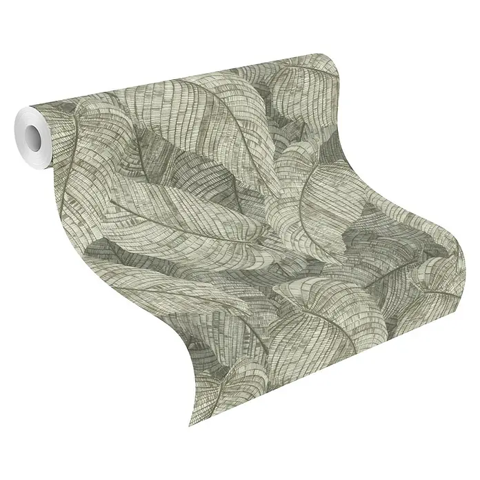 Rasch Amara Vliestapete Blätter - Grüngrau, Floral, 10,05 x 0,53 m - Tapetenrolle in gedeckten Grüntönen mit natürlichem, detailliertem Blattmuster.