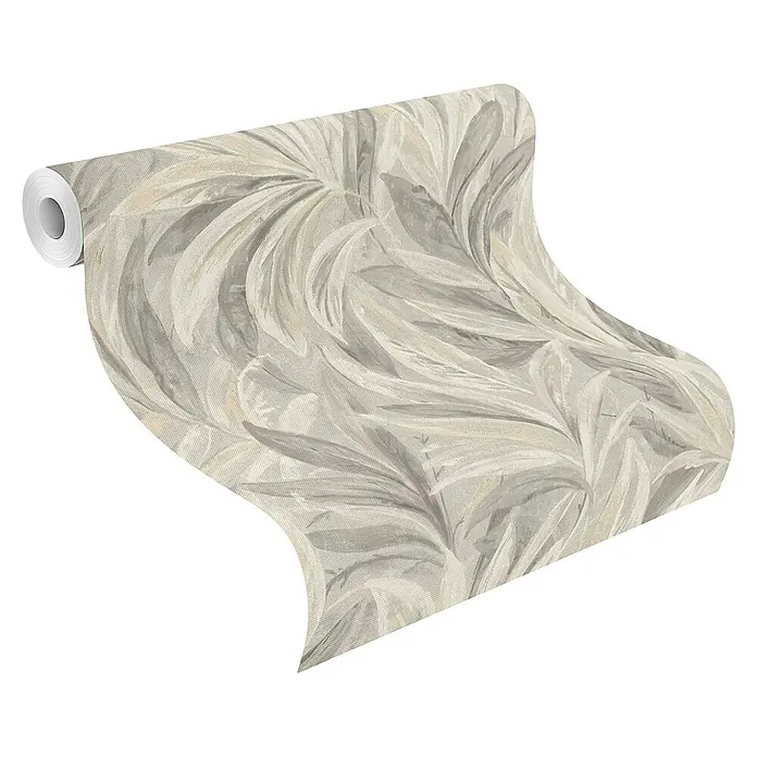 Rasch Selection Vliestapete Vinyl Blätterwand - Hellgrau, Floral, 10,05 x 0,53 m - Helle beige-graue Tapetenrolle mit organischem Blattmuster, teilweise abgerollt.