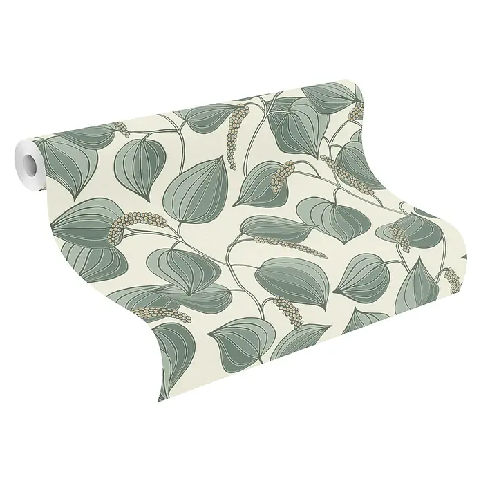 Rasch Selection Vliestapete Vinyl Botanical - Grün, Floral, 10,05 x 0,53 m - Tapetenrolle mit hellem Hintergrund und Muster aus grünen Blättern und beigefarbenen Beeren.