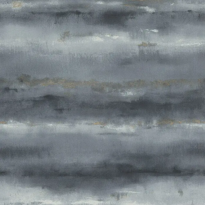 Rasch Florentine IV Vliestapete Shadows - Blaugrau, Grafisch, 10,05 x 0,53 m - Abstraktes Grau-Weiß-Muster mit horizontalen Pinselstrichen und zarten Goldakzenten, wie ein strukturierter Stoff oder Aquarell.