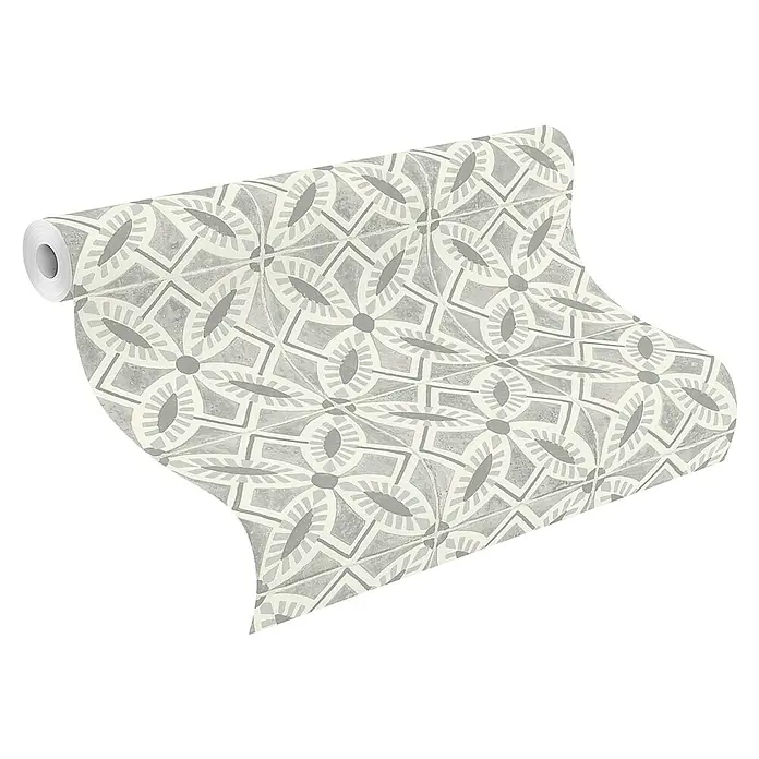 Rasch Beachhouse Vliestapete Fliesenkacheln - Hellgrau, Fliesenoptik, 10,05 x 0,53 m - Rolle grauer und weißer Tapete mit geometrischem Mosaikmuster.