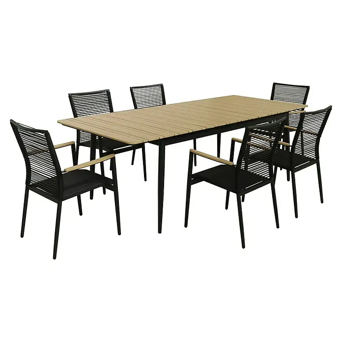 Gartenstuhl - Schwarz, Polywood, Stapelbar - Ein elegantes Gartenset mit einem hellen Holztisch und sechs schwarzen Stühlen mit Armlehnen, ideal für Mahlzeiten im Freien.
