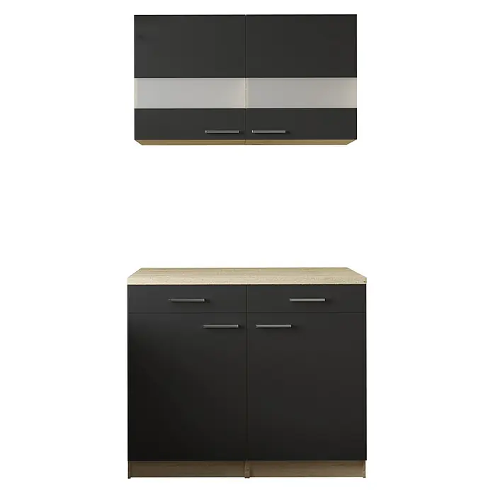 Respekta Merle Küchen-Set - 100 x 60 x 200 cm, Schwarz/Glas - Graue Küchenschränke mit vier Schubladen und zwei Hängeschränken mit Griffen.