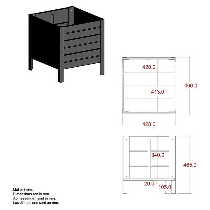 Plus Pflanzkasten Cubic - Außenmaß (L x B x H): 83 x 46 x 46,5 cm, Holz, Schwarz - Dunkler, lamellierter Holzpflanzkasten auf Beinen, als technische Zeichnung mit Maßen in mm dargestellt.
