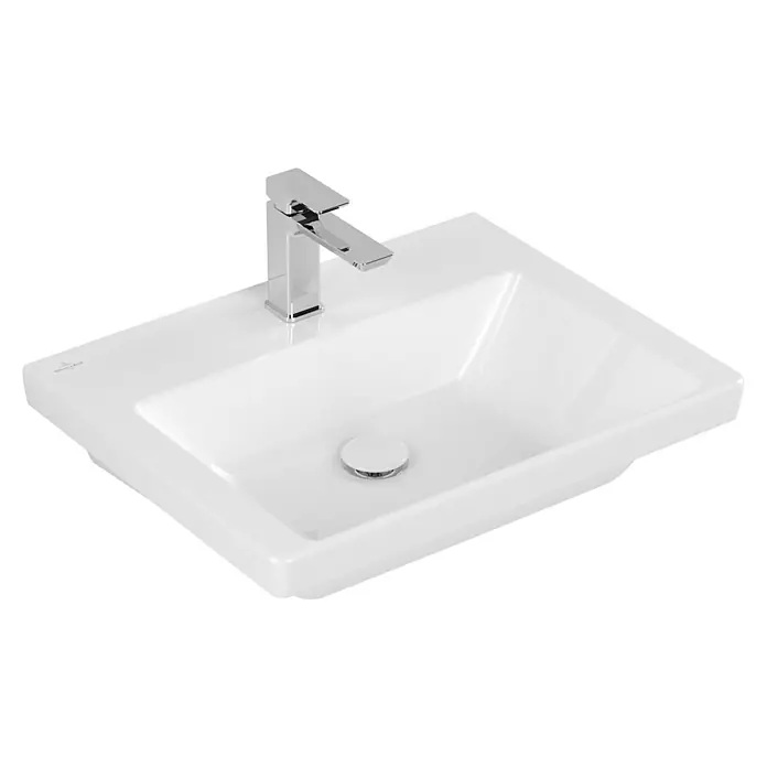 Villeroy & Boch Subway 3.0 Waschtisch - 67 x 55,2 cm, Ohne Spezialglasur, Hahnloch: Mitte, Ohne Überlauf, Weiß Alpin - Weißes rechteckiges Keramik-Waschbecken mit einer einzelnen Chrom-Armatur und einer weißen Ablaufabdeckung.