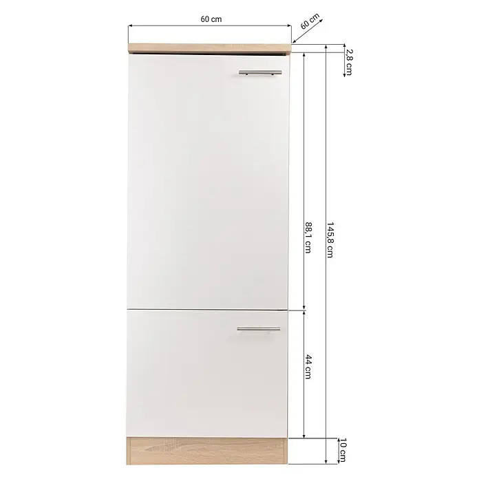 Respekta Merle Geräteumbauschrank - B x T x H: 60 x 60 x 144,8 cm, Schwarz, Für Kühlschrank - Abbildung eines weißen Badezimmerschranks mit hellen Holzakzenten und Maßangaben, die die Abmessungen des Möbelstücks verdeutlichen.
