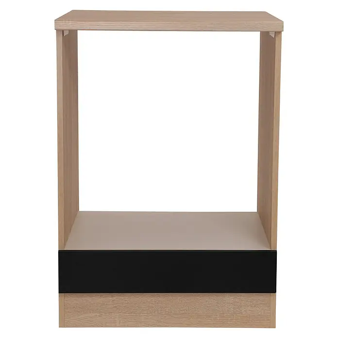 Respekta Merle Herdumbauschrank - B x T x H: 60 x 60 x 84,8 cm, Schwarz - Nahaufnahme eines modernen Nachttisches aus hellem Holz mit einer schwarzen Schublade und einer hellen Ablagefläche.