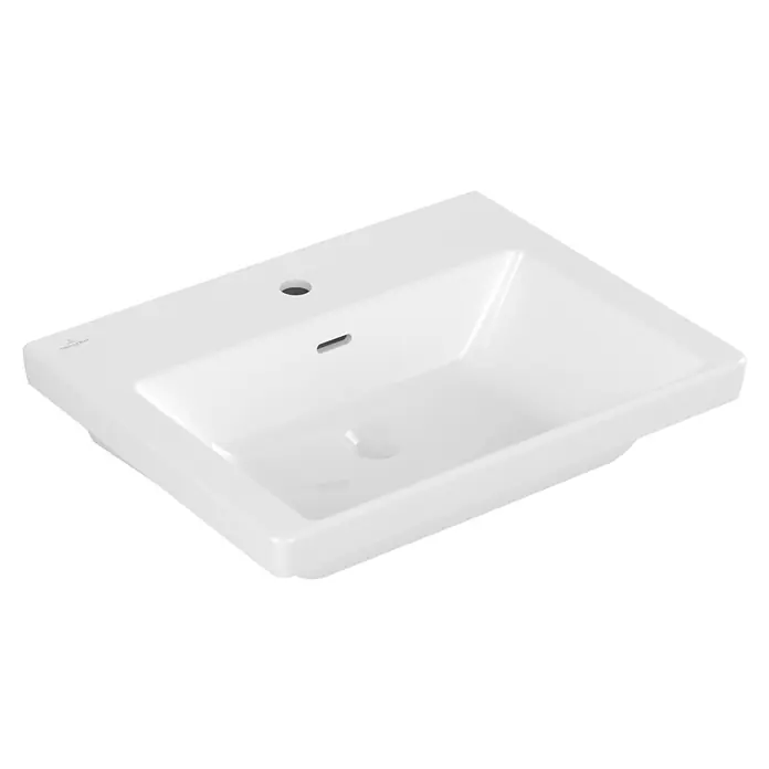 Villeroy & Boch Subway 3.0 Waschtisch - 67 x 55,2 cm, Mit schmutzabweisender Glasur, Hahnloch: Mitte, Mit Überlauf, Stone White, Geschliffen - Weißes Keramikwaschbecken mit Hahnloch und Überlauf.