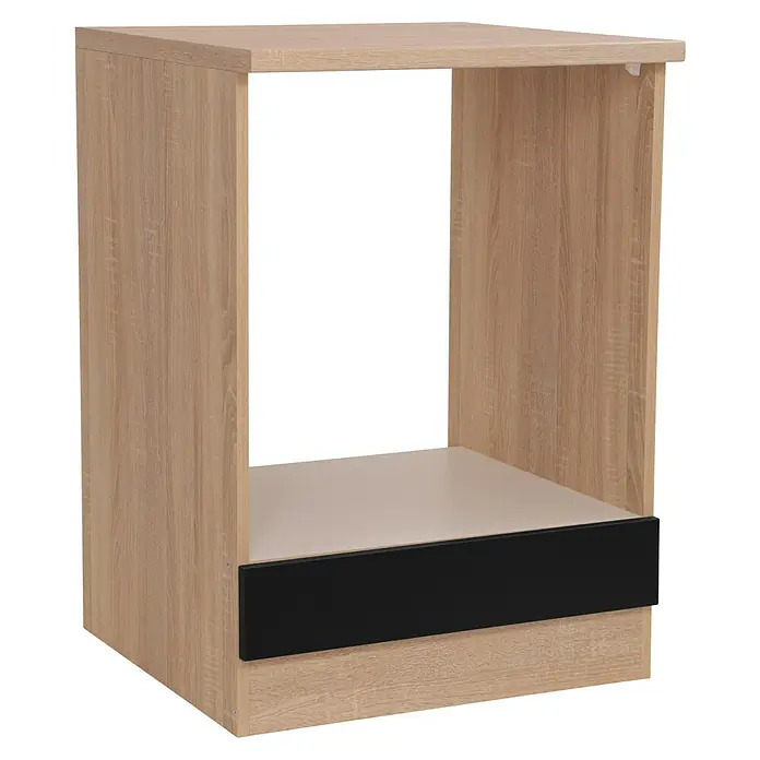 Respekta Merle Herdumbauschrank - B x T x H: 60 x 60 x 84,8 cm, Schwarz - Heller Eichenholz-Effekt-Schrank mit offenem Fach und schwarzer Schubladenfront.