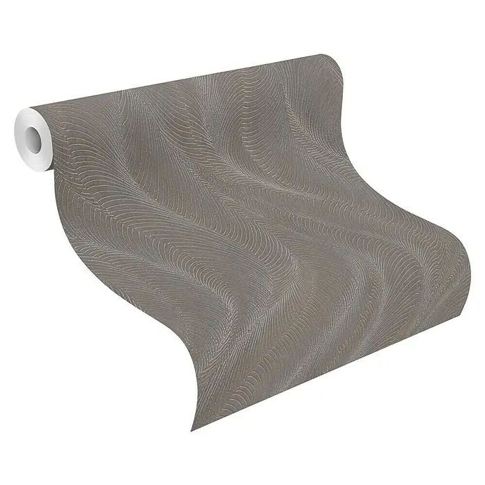 Rasch Incanto Vliestapete Wave Design - Grau-Bronze, Wellen, 10,05 x 0,53 m - Eine Rolle elegante, graue Tapete mit einem stilvollen, wellenförmigen Muster, perfekt für eine moderne Wandgestaltung.