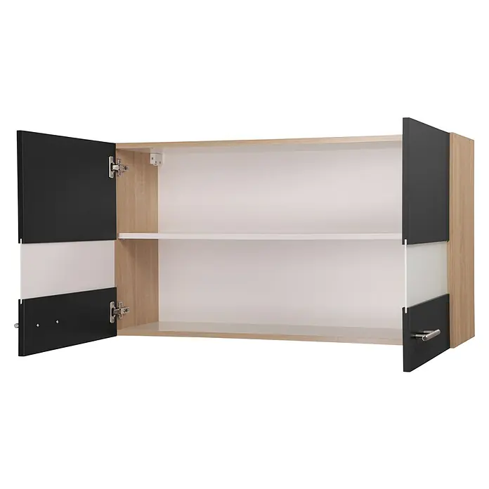 Respekta Merle Hängeschrank - B x T x H: 100 x 34,6 x 56,1 cm, Schwarz - Schrankaufnahme mit Regalböden und zwei geteilten Türen in Weiß und Schwarz, die einen modernen und funktionalen Stauraum bieten.