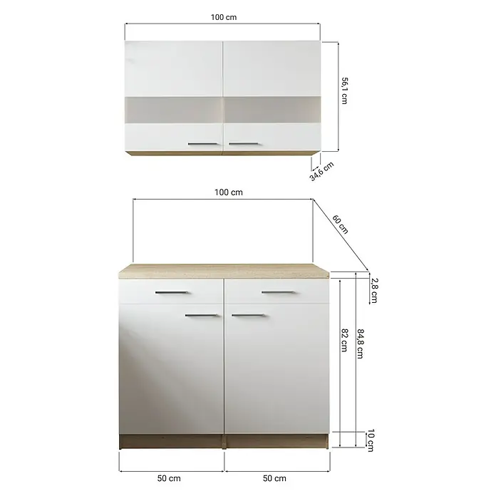 Respekta Merle Küchen-Set - 100 x 60 x 200 cm, Schwarz/Glas - Das Bild zeigt ein modernes Möbelstück mit Ober- und Unterschränken in Weiß und Holzoptik mit Maßangaben.