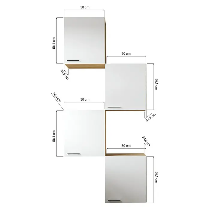 Respekta Merle Hängeschrank - B x T x H: 100 x 34,6 x 224,4 cm, Schwarz, 4 Stk. - Eine Anordnung von vier weißen Hängeschränken mit Holzsockel und den jeweiligen Abmessungen.