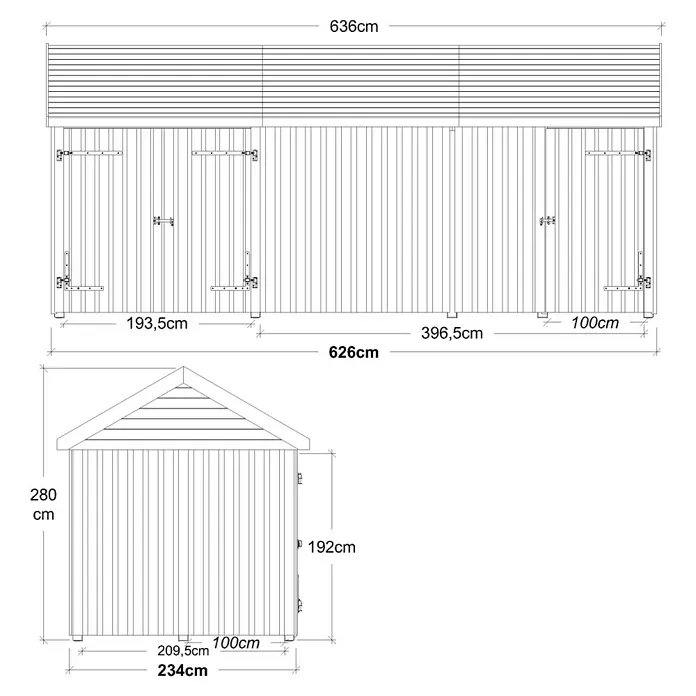 Plus Gartenhaus Classic Multi mit Doppel- und Einzeltür - Außenmaß inkl. Dachüberstand (B x T): 636 x 254 cm, Holz, Natur, Nur Gartenhaus - Technische Zeichnung eines Gartenhauses mit Maßen. Die Zeichnung zeigt Ansichten von vorne und von der Seite.